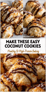 Close-up of Coconut Macaroons with glossy chocolate drizzle and golden toasted coconut flakes.